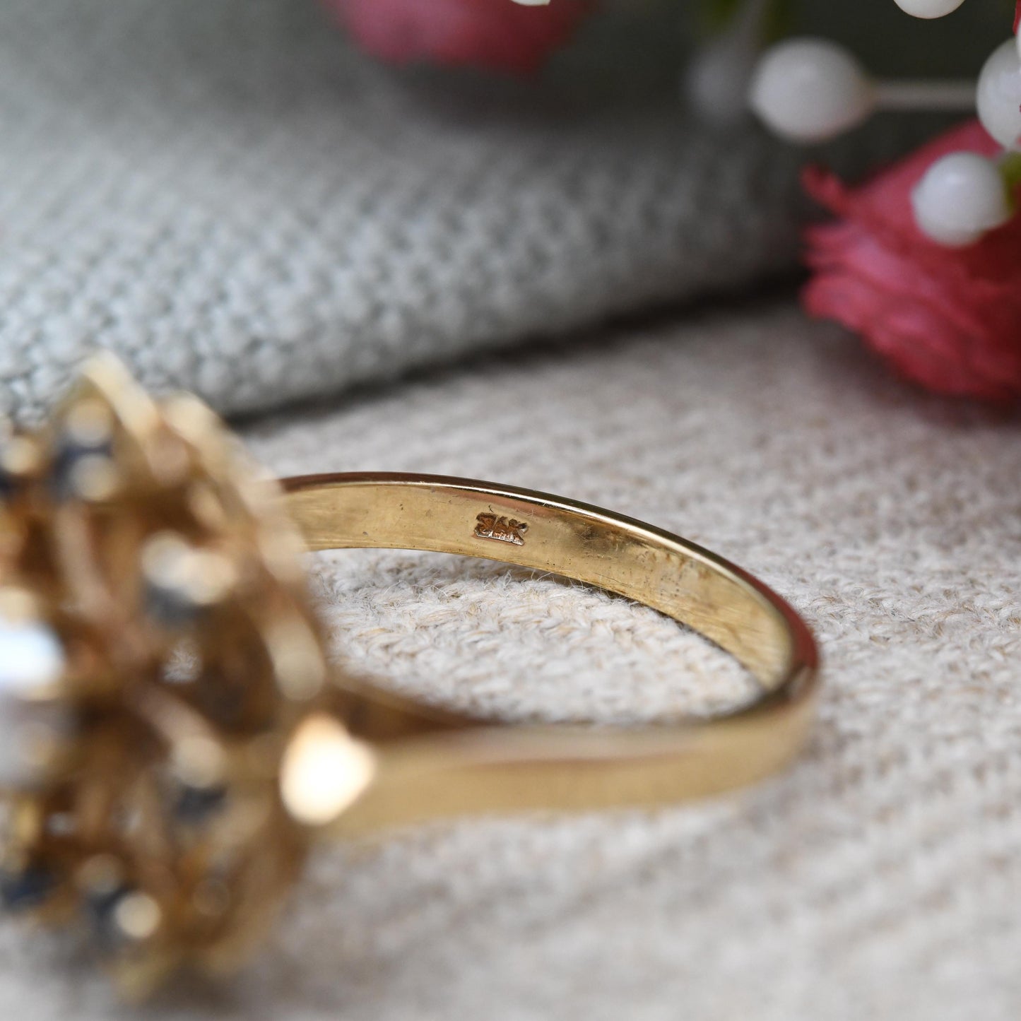 Vintage 9ct Gold Sapphire Pearl Flower Cocktail Ring 1966 Slade and Kempton S&K - White Blue Ring Gift | UK Size - K 1/2 | US Size - 5 1/2