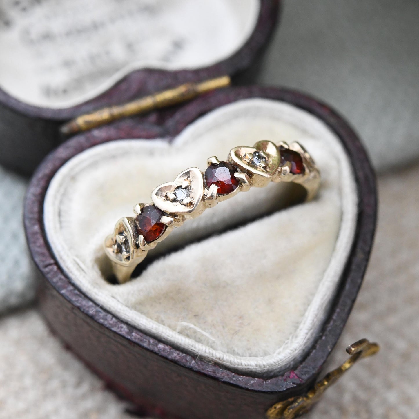 Vintage 9ct Gold Garnet Diamond Half Eternity Heart Band Ring 1981 - Mid-Century Love Heart Stacker Ring | UK Size - L | US Size - 5 3/4