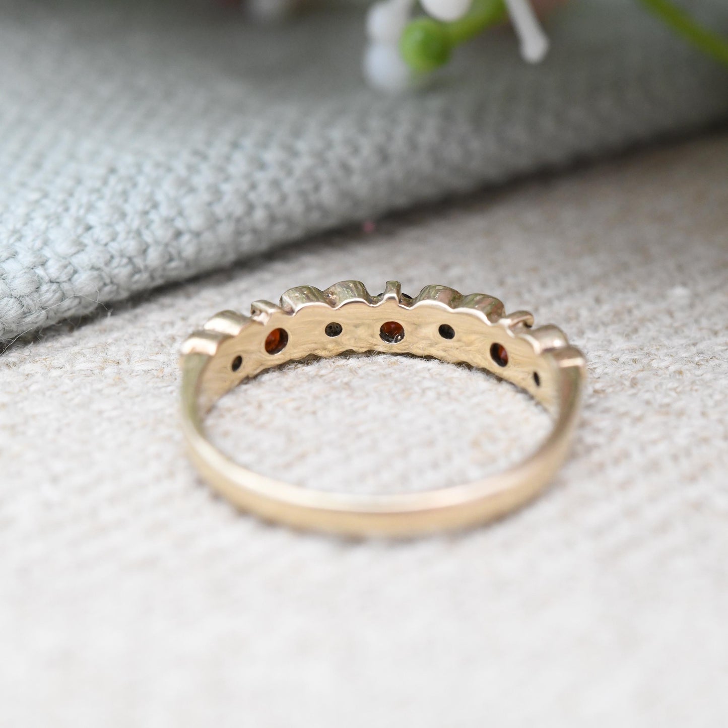 Vintage 9ct Gold Garnet Diamond Half Eternity Heart Band Ring 1981 - Mid-Century Love Heart Stacker Ring | UK Size - L | US Size - 5 3/4