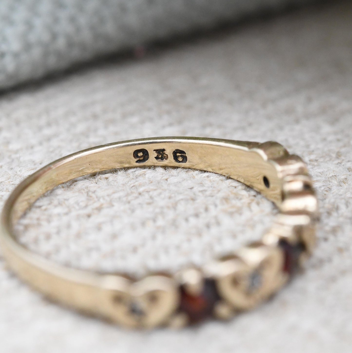 Vintage 9ct Gold Garnet Diamond Half Eternity Heart Band Ring 1981 - Mid-Century Love Heart Stacker Ring | UK Size - L | US Size - 5 3/4