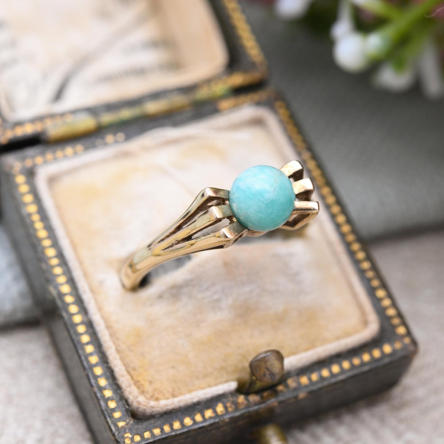 Vintage 9ct Gold Larimar Ring 1976 - Art Deco Shape Statement Solitaire Sphere | Stylish 1970s Jewellery | UK Size - O | US Size - 7 1/4