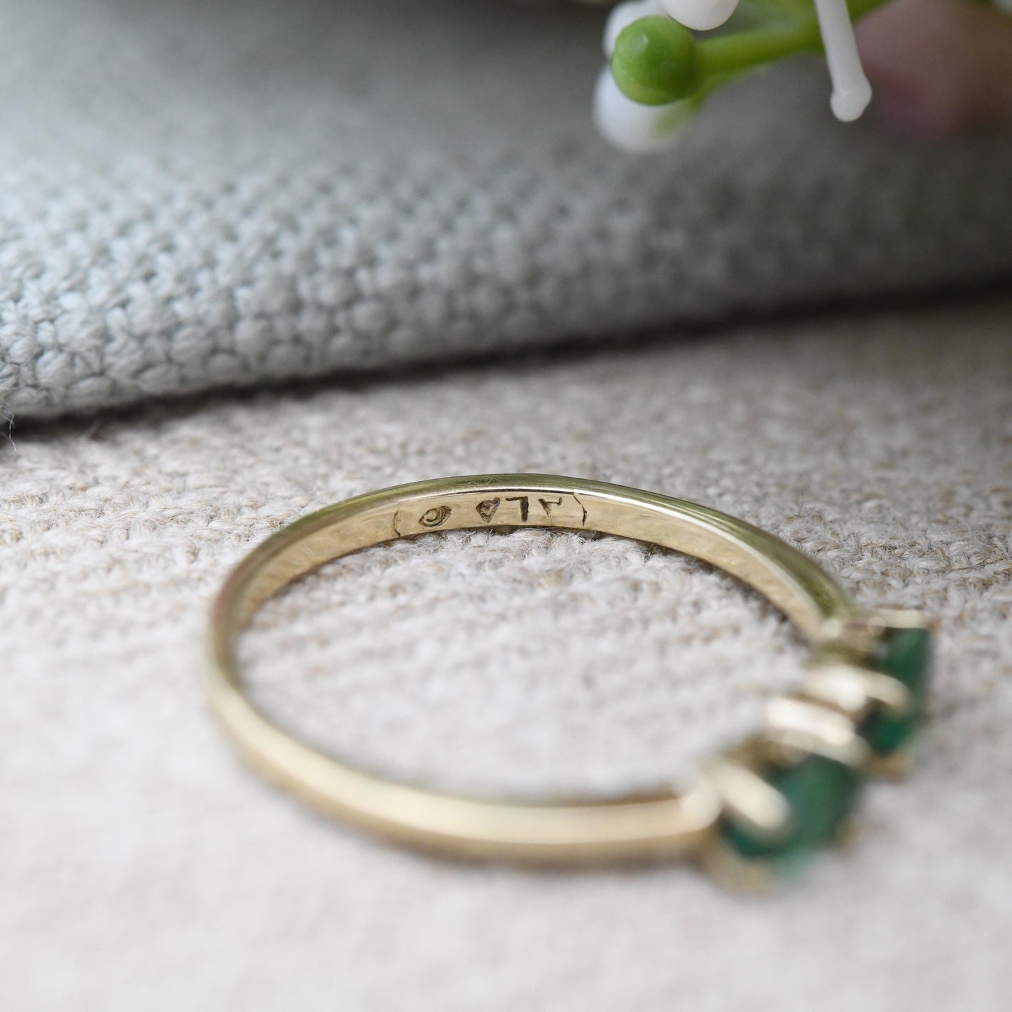 Vintage 14ct Gold Emerald and Diamond Ring - Green Gemstone Stacking Ring | Unusual Vintage Gold Jewellery Gift | UK Size - M | US Size - 6