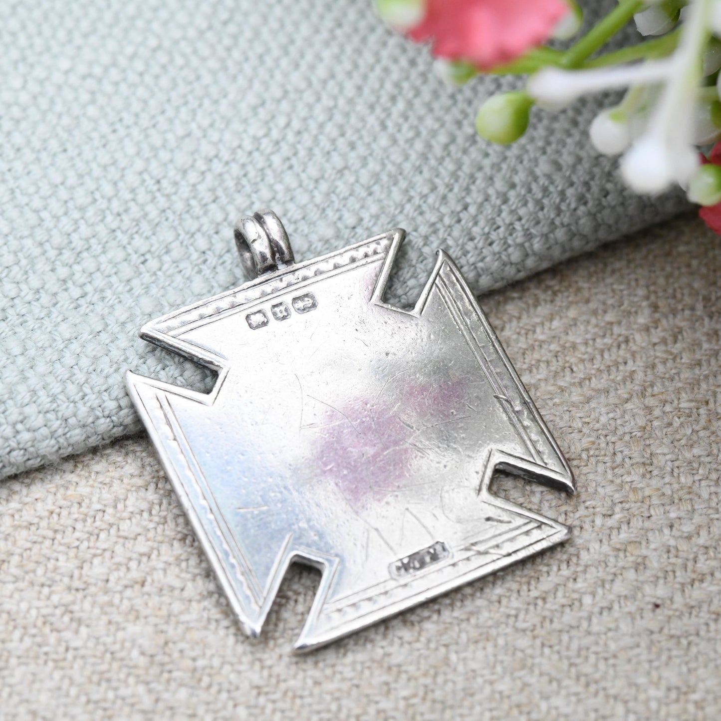 Antique Sterling Silver Watch Fob Pendant Engraved with Ivy Leaves 1887 - Victorian Square Cross Solid Silver Jewellery Floral Gift Shield