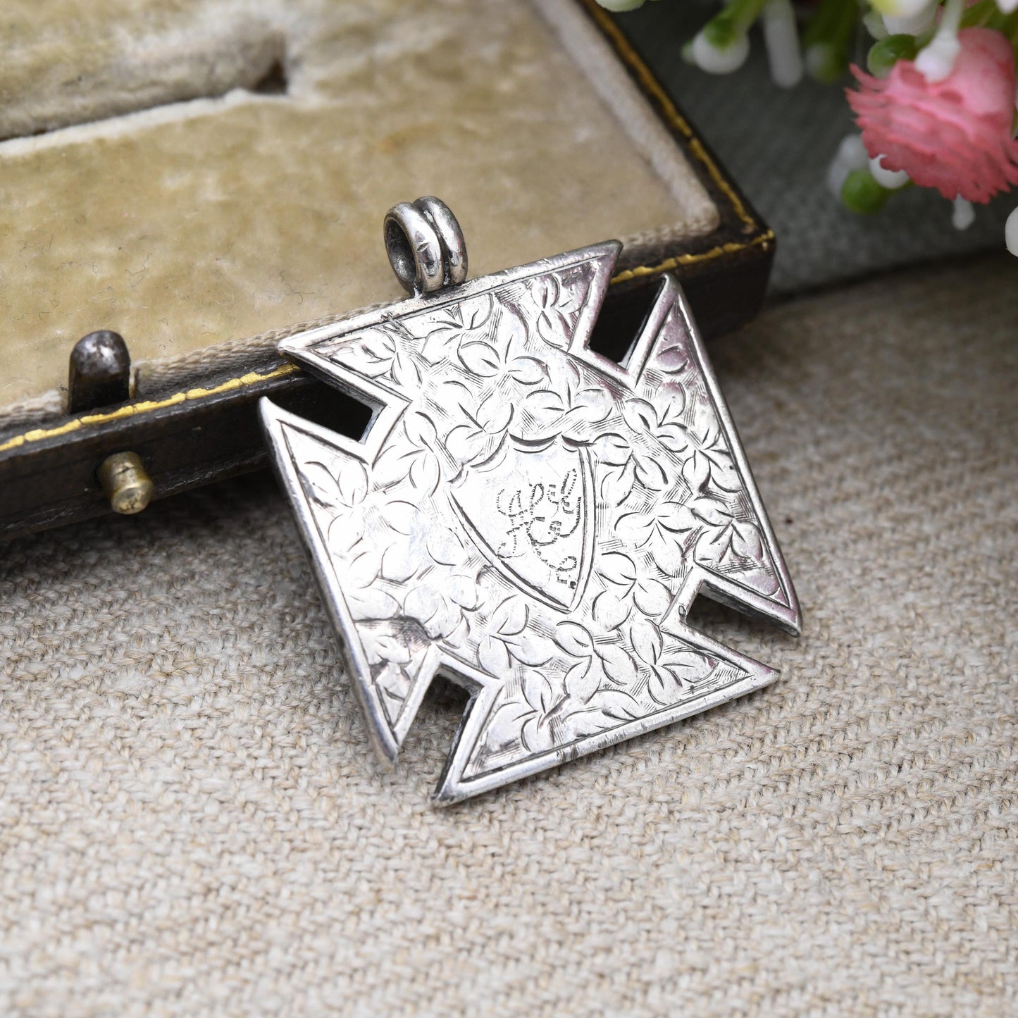 Antique Sterling Silver Watch Fob Pendant Engraved with Ivy Leaves 1887 - Victorian Square Cross Solid Silver Jewellery Floral Gift Shield