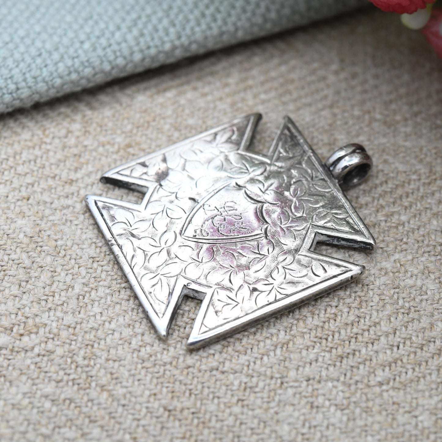 Antique Sterling Silver Watch Fob Pendant Engraved with Ivy Leaves 1887 - Victorian Square Cross Solid Silver Jewellery Floral Gift Shield