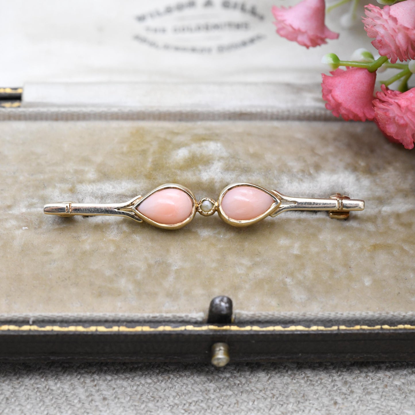 Vintage Solid 9ct Gold Pearl Bar Brooch 1985 - Cabochon Pink Gemstone Flower Design Teardrop Pear Shape Pretty Gift for Her