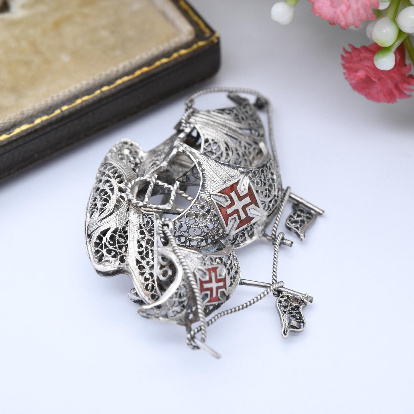 Vintage Portuguese Sterling Silver Sailing Ship Brooch Order of Christ Cross - Red Enamel Square Cross Flag Knights Templars Sail Boat