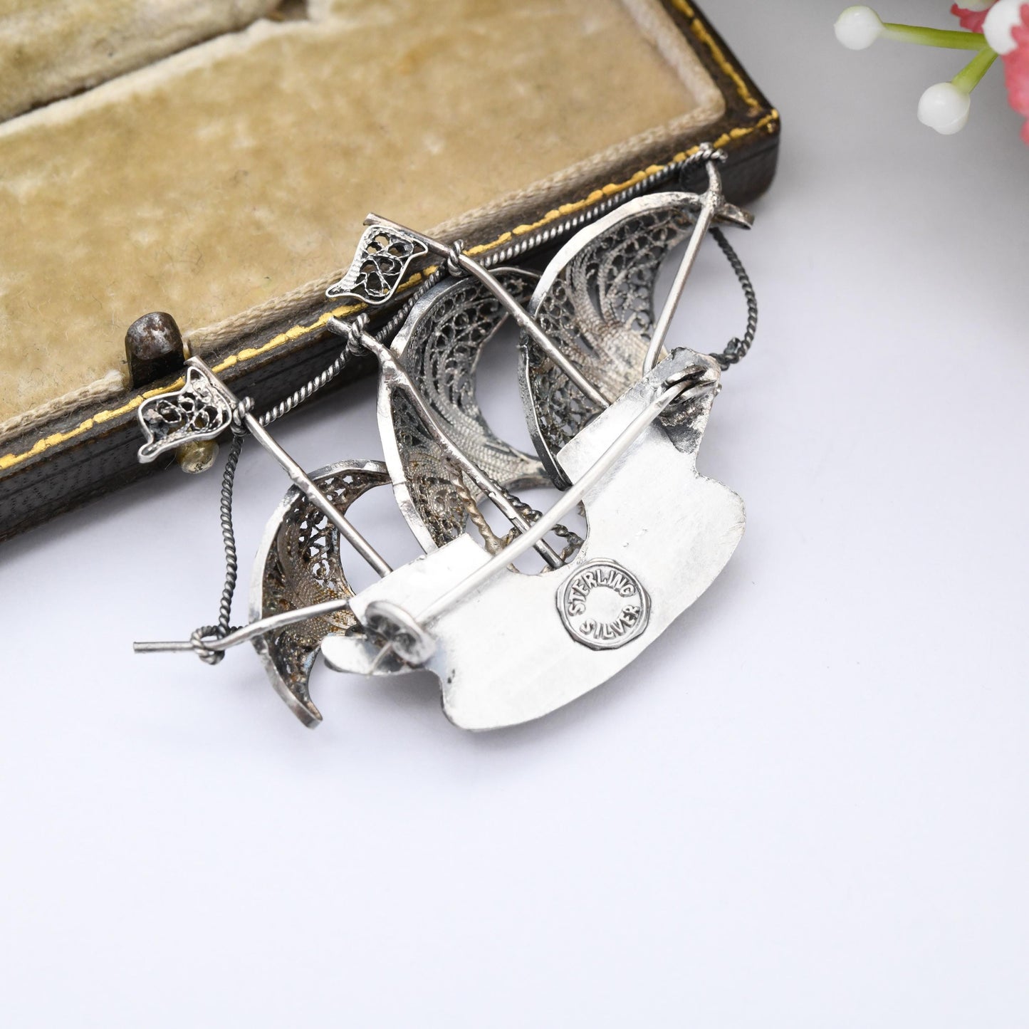 Vintage Portuguese Sterling Silver Sailing Ship Brooch Order of Christ Cross - Red Enamel Square Cross Flag Knights Templars Sail Boat