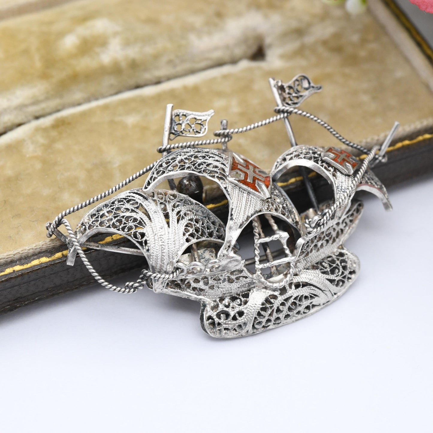 Vintage Portuguese Sterling Silver Sailing Ship Brooch Order of Christ Cross - Red Enamel Square Cross Flag Knights Templars Sail Boat