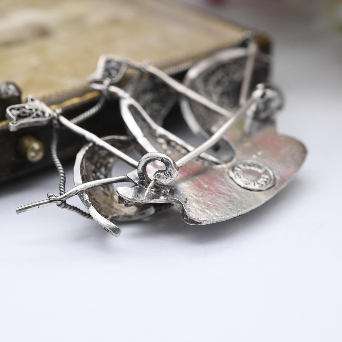 Vintage Portuguese Sterling Silver Sailing Ship Brooch Order of Christ Cross - Red Enamel Square Cross Flag Knights Templars Sail Boat