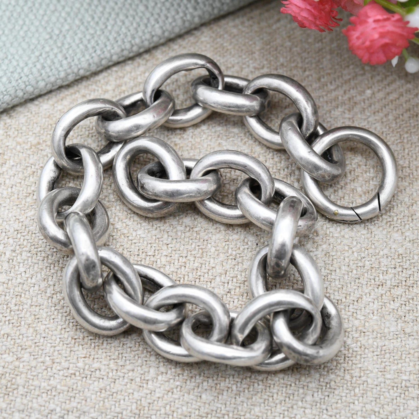Antique Victorian Silver Cable Link Bracelet - Large Chunky Chain Bracelet Hollow Silver Oversized Spring Ring Clasp | Length 22.5cm