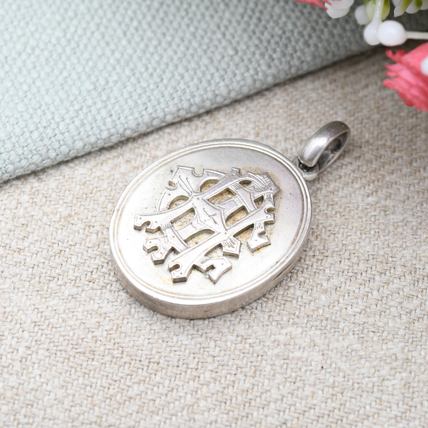 Antique Victorian Monogram Sterling Silver Locket with Interwoven Letter Design AIE - Oval Pendant Engraved Fancy Initials Sentimental Gift