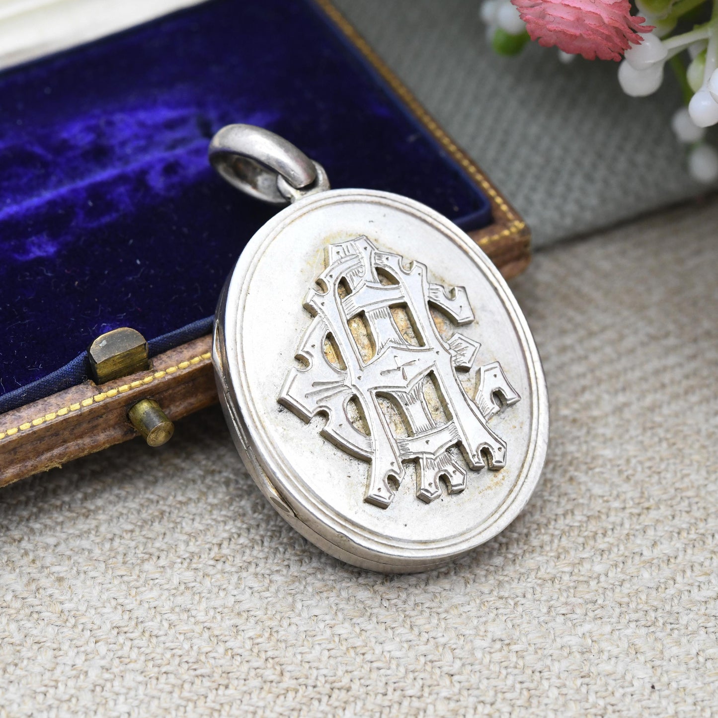 Antique Victorian Monogram Sterling Silver Locket with Interwoven Letter Design AIE - Oval Pendant Engraved Fancy Initials Sentimental Gift