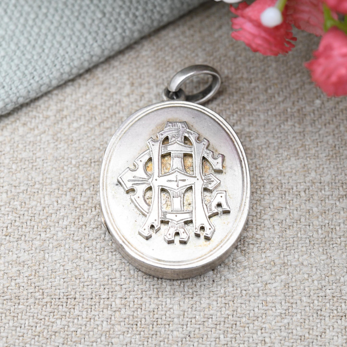 Antique Victorian Monogram Sterling Silver Locket with Interwoven Letter Design AIE - Oval Pendant Engraved Fancy Initials Sentimental Gift