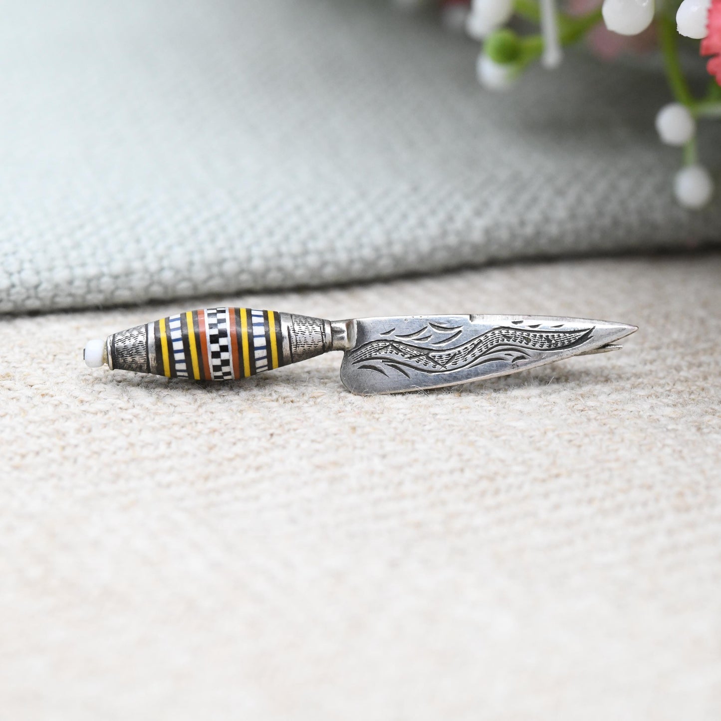 Antique Silver Canarian Knife Brooch Miniature Cuchillo Canario - Gran Canario Traditional Knife Striped Fusiform Cap Geometric Handle Inlay