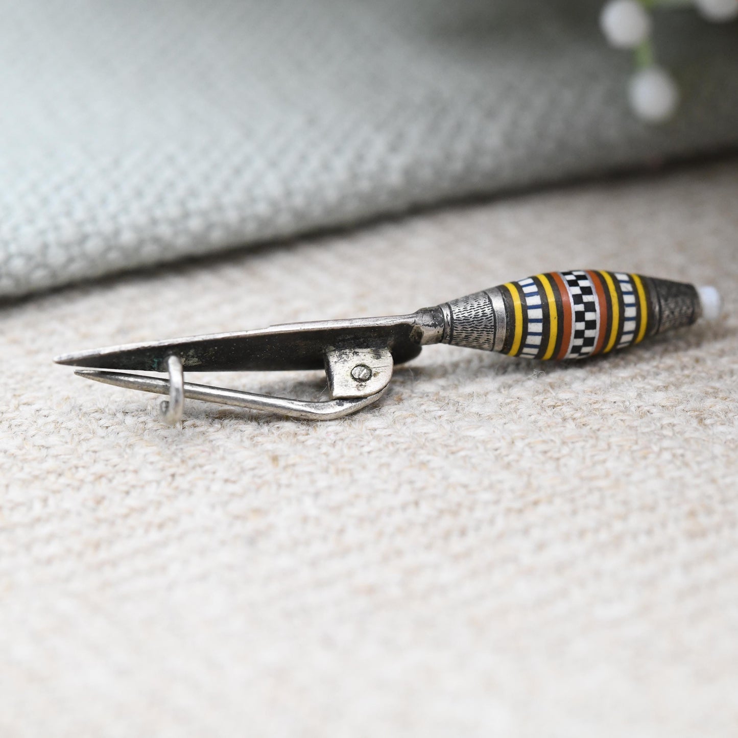 Antique Silver Canarian Knife Brooch Miniature Cuchillo Canario - Gran Canario Traditional Knife Striped Fusiform Cap Geometric Handle Inlay