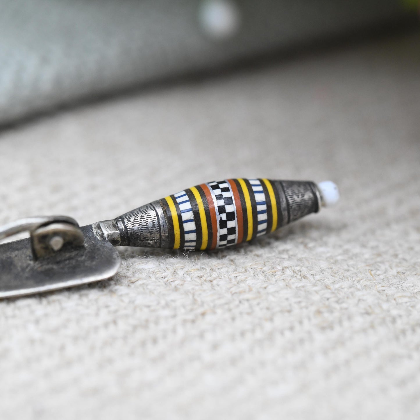 Antique Silver Canarian Knife Brooch Miniature Cuchillo Canario - Gran Canario Traditional Knife Striped Fusiform Cap Geometric Handle Inlay