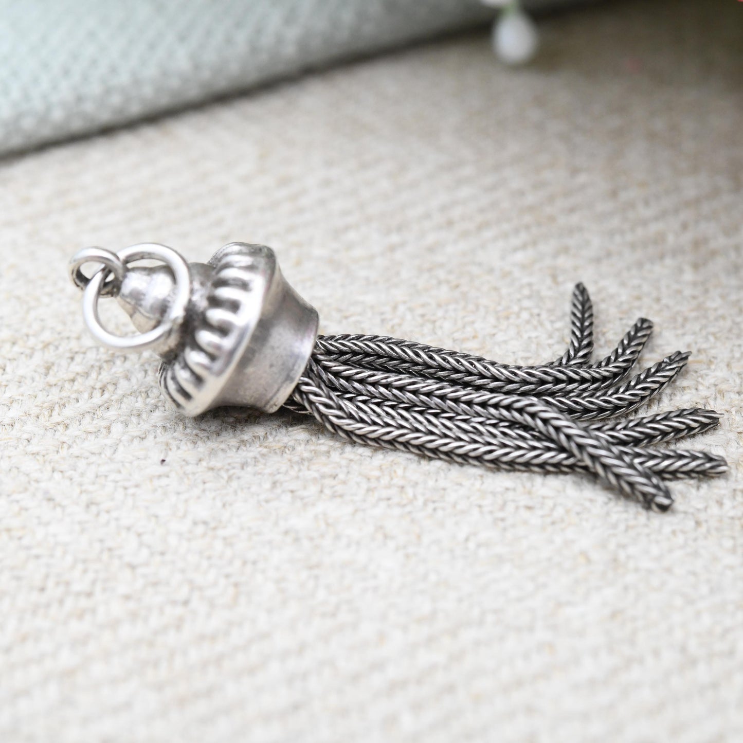 True Vintage Sterling Silver Tassel Charm Pendant - for Charm Bracelet Necklace Articulated Detailed Victorian Antique Style Patterned