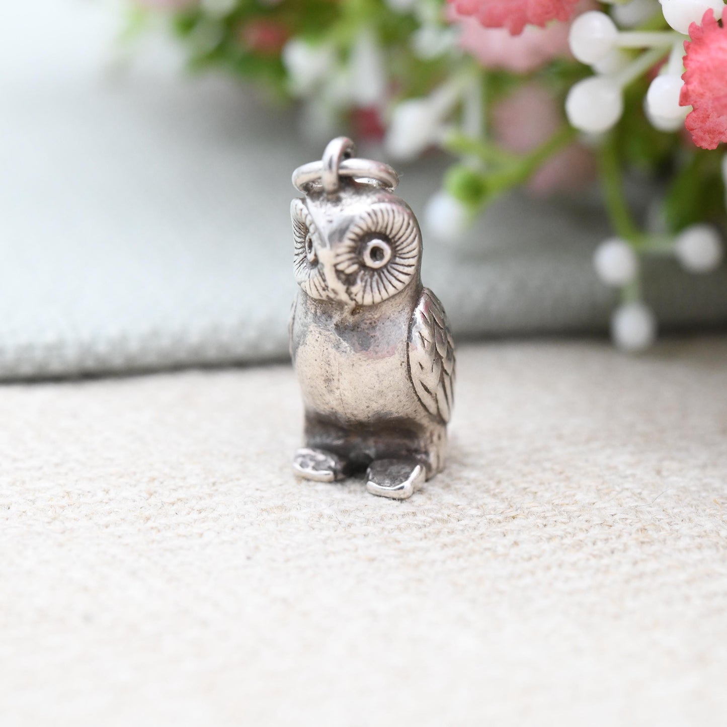 Vintage Sterling Silver Owl Charm Pendant - Cute Animal Nature Lover Gift | Chunky Charm Bracelet Necklace | Athena Symbol of Wisdom