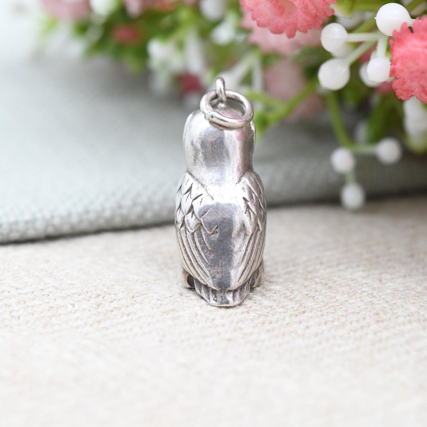Vintage Sterling Silver Owl Charm Pendant - Cute Animal Nature Lover Gift | Chunky Charm Bracelet Necklace | Athena Symbol of Wisdom