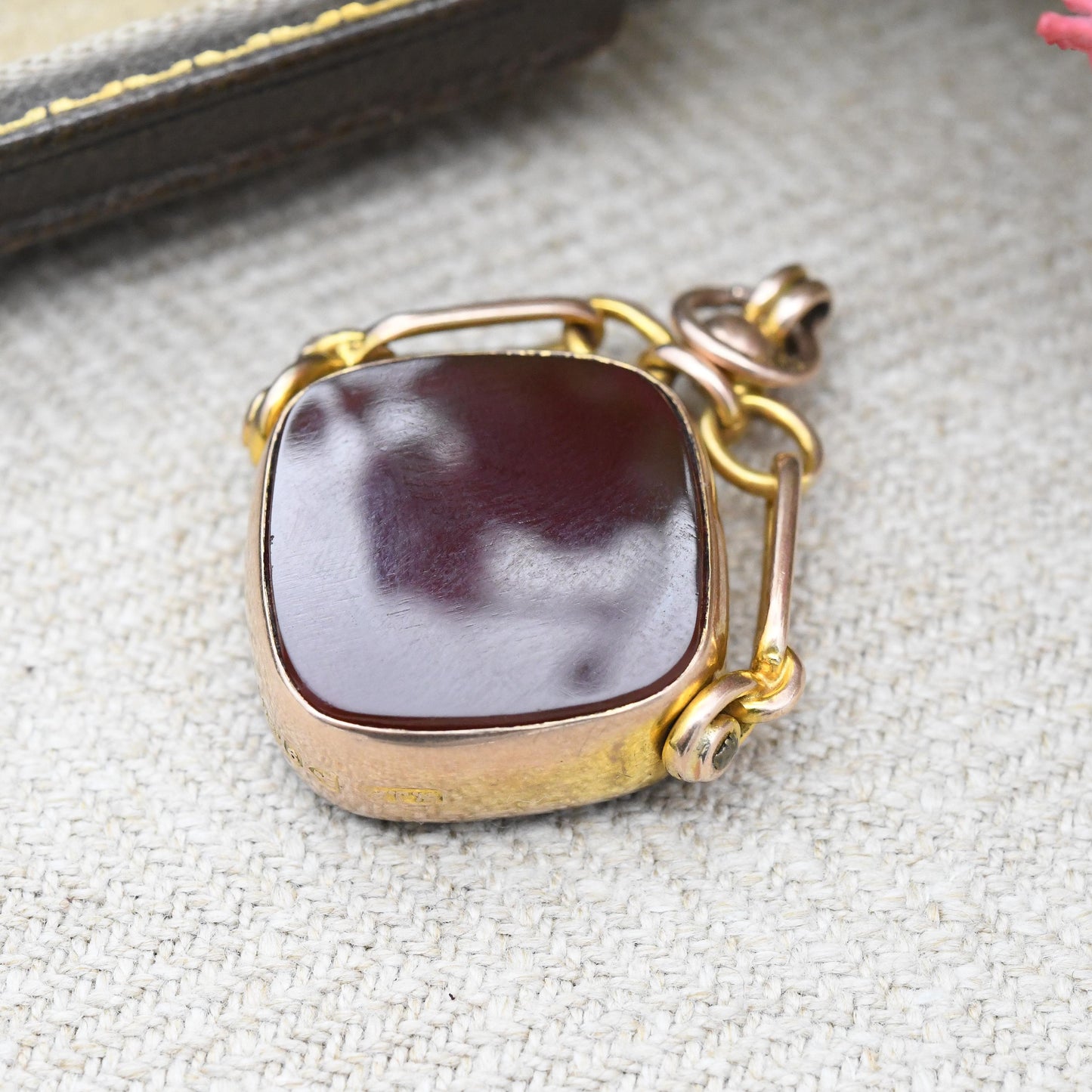 Antique 9ct Gold Spinner Fob Pendant 1910 by William John Pellow WJP - Carnelian and Bloodstone Gemstone Watch Fob for Charm Necklace Stack