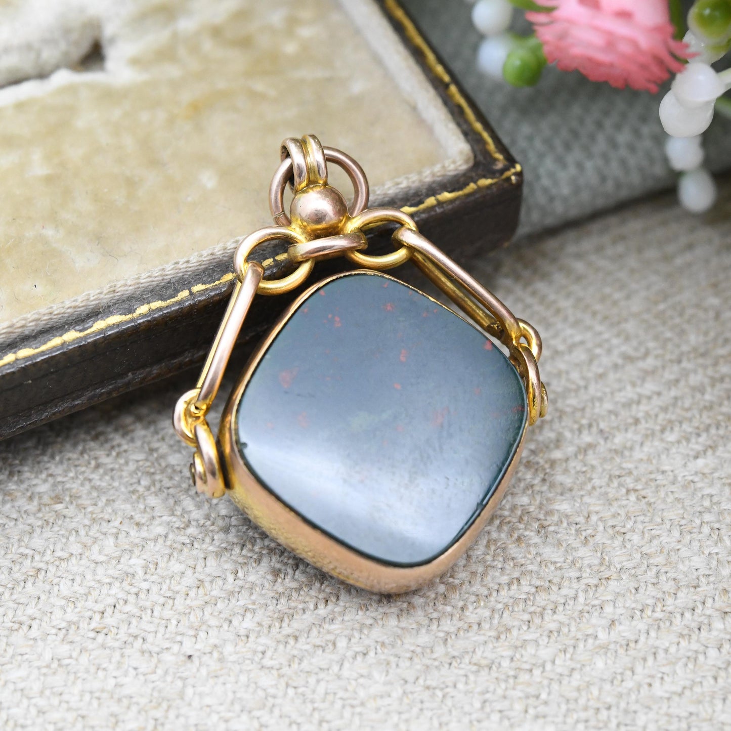Antique 9ct Gold Spinner Fob Pendant 1910 by William John Pellow WJP - Carnelian and Bloodstone Gemstone Watch Fob for Charm Necklace Stack