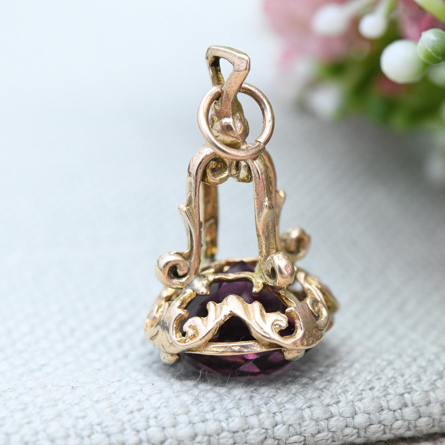 Vintage 9ct Gold Watch Fob 1966 - Mid-Century Faceted Purple Glass Stone Watch Fob Pendant Ornate Antique Style Pretty Gift for Her Charm