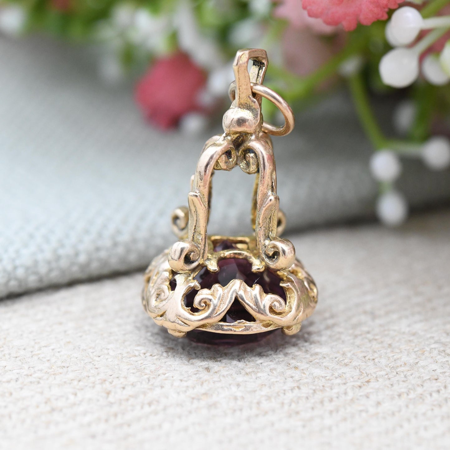 Vintage 9ct Gold Watch Fob 1966 - Mid-Century Faceted Purple Glass Stone Watch Fob Pendant Ornate Antique Style Pretty Gift for Her Charm