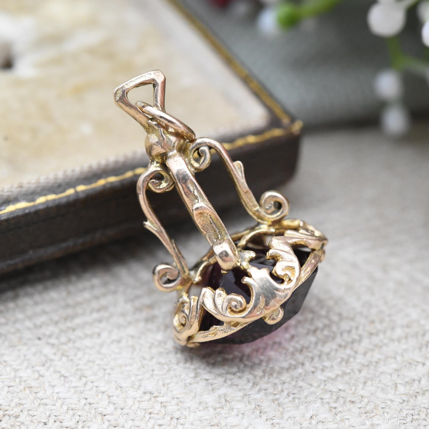 Vintage 9ct Gold Watch Fob 1966 - Mid-Century Faceted Purple Glass Stone Watch Fob Pendant Ornate Antique Style Pretty Gift for Her Charm