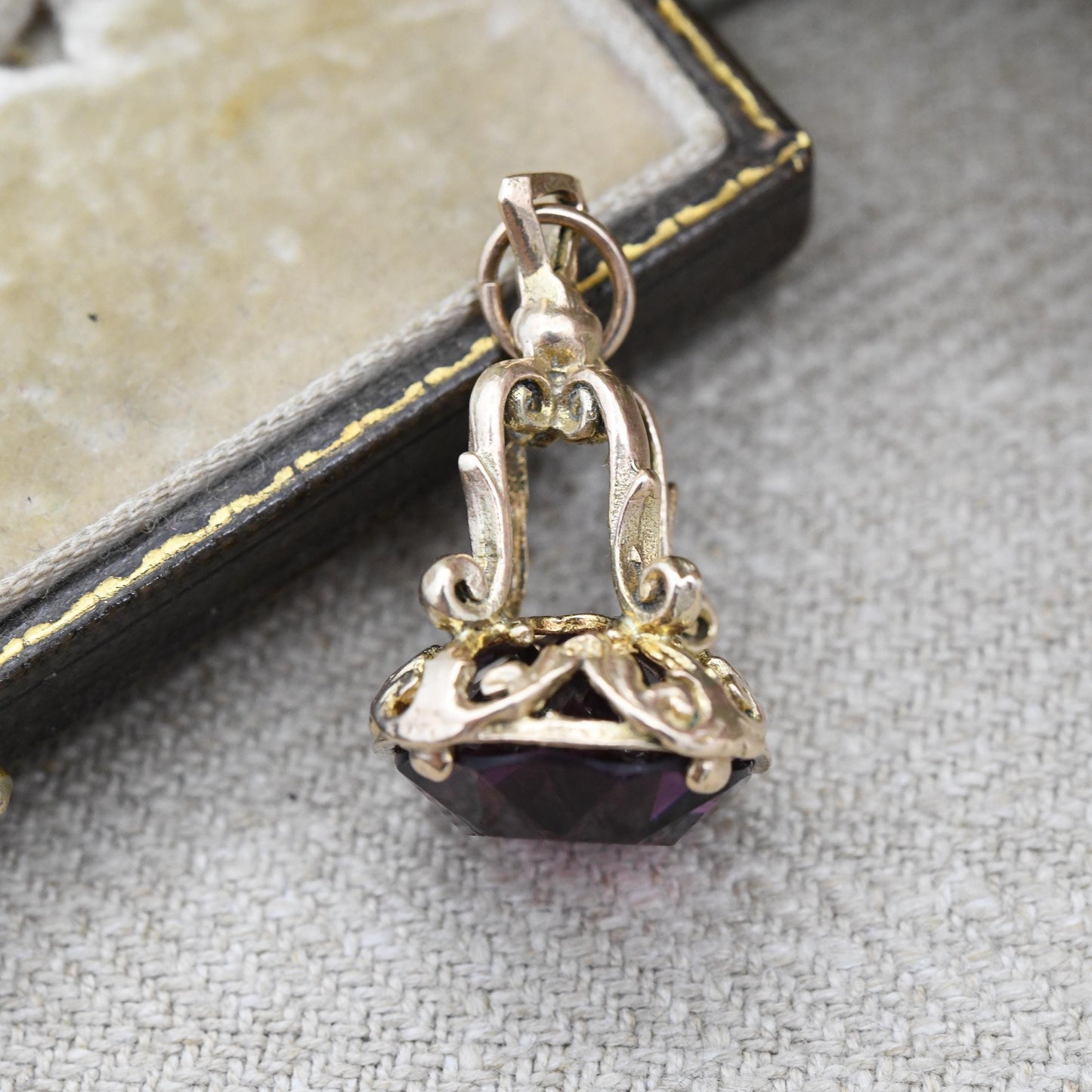 Vintage 9ct Gold Watch Fob 1966 - Mid-Century Faceted Purple Glass Stone Watch Fob Pendant Ornate Antique Style Pretty Gift for Her Charm