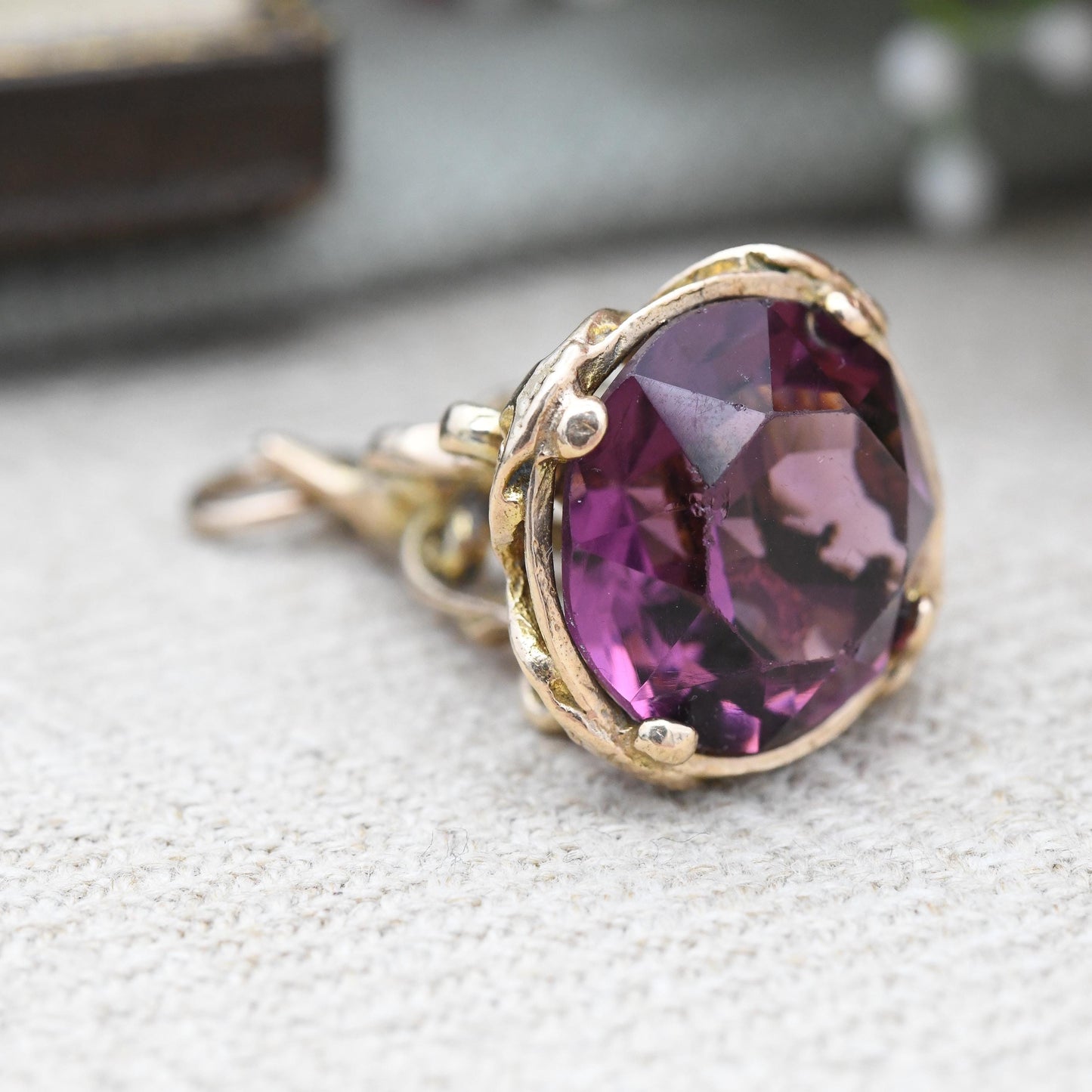 Vintage 9ct Gold Watch Fob 1966 - Mid-Century Faceted Purple Glass Stone Watch Fob Pendant Ornate Antique Style Pretty Gift for Her Charm