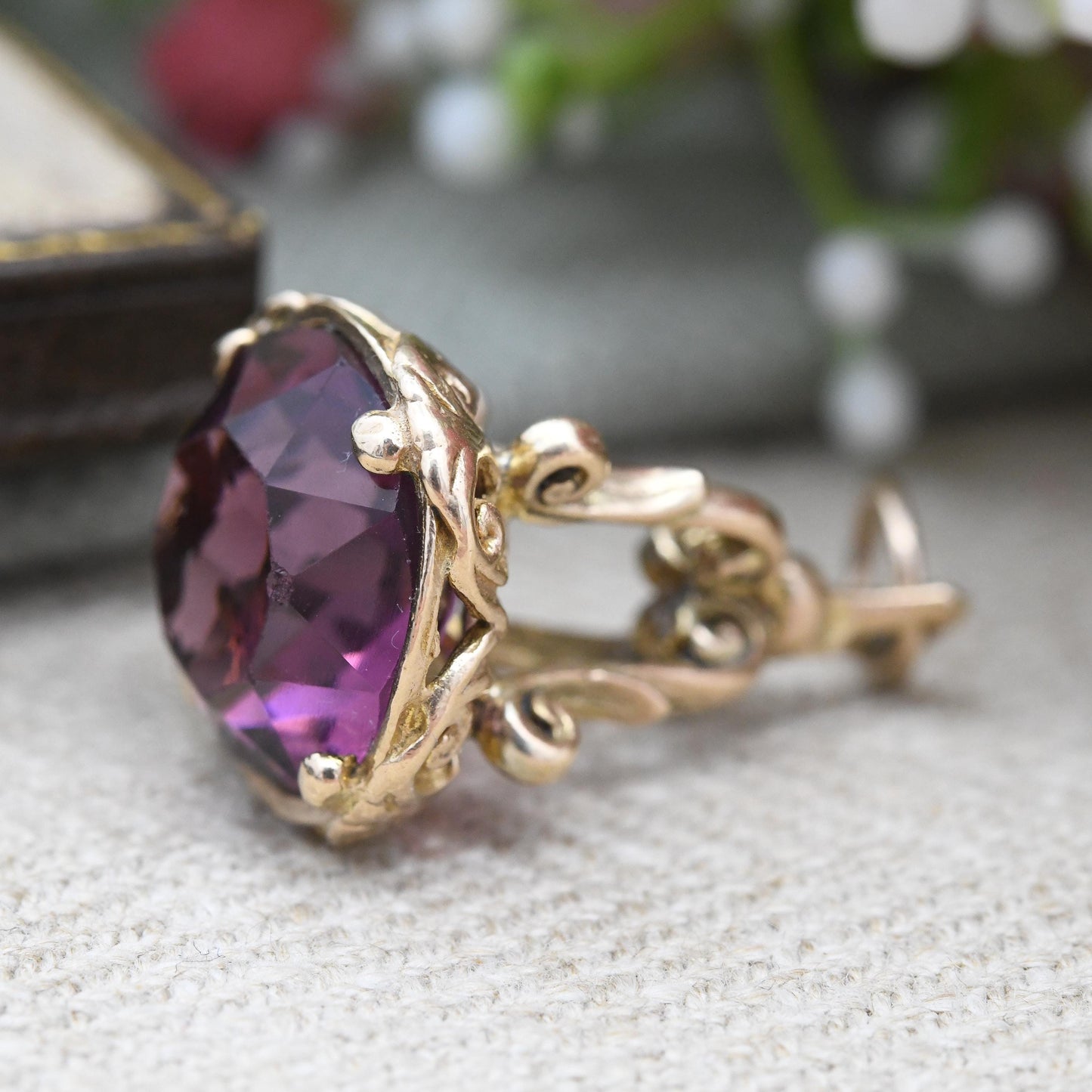 Vintage 9ct Gold Watch Fob 1966 - Mid-Century Faceted Purple Glass Stone Watch Fob Pendant Ornate Antique Style Pretty Gift for Her Charm