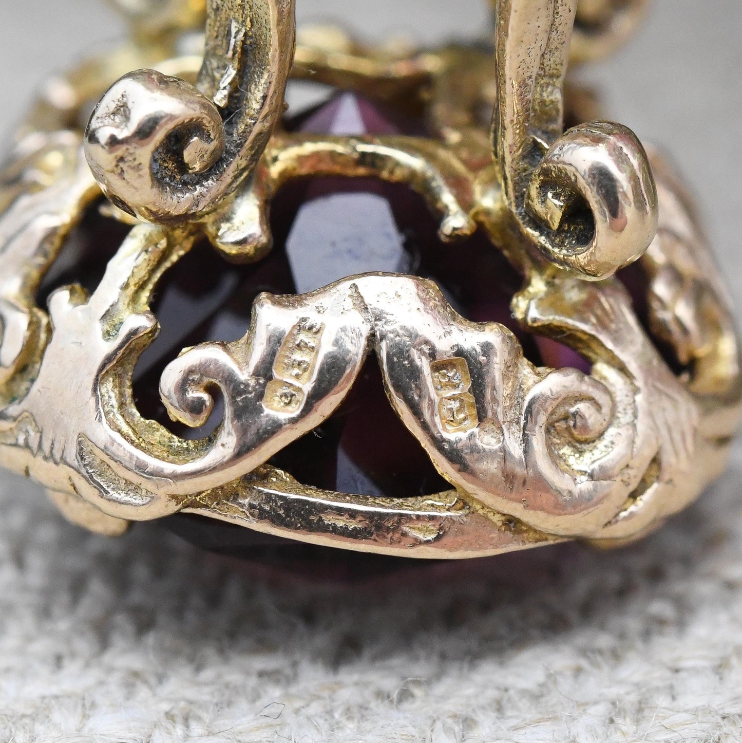 Vintage 9ct Gold Watch Fob 1966 - Mid-Century Faceted Purple Glass Stone Watch Fob Pendant Ornate Antique Style Pretty Gift for Her Charm