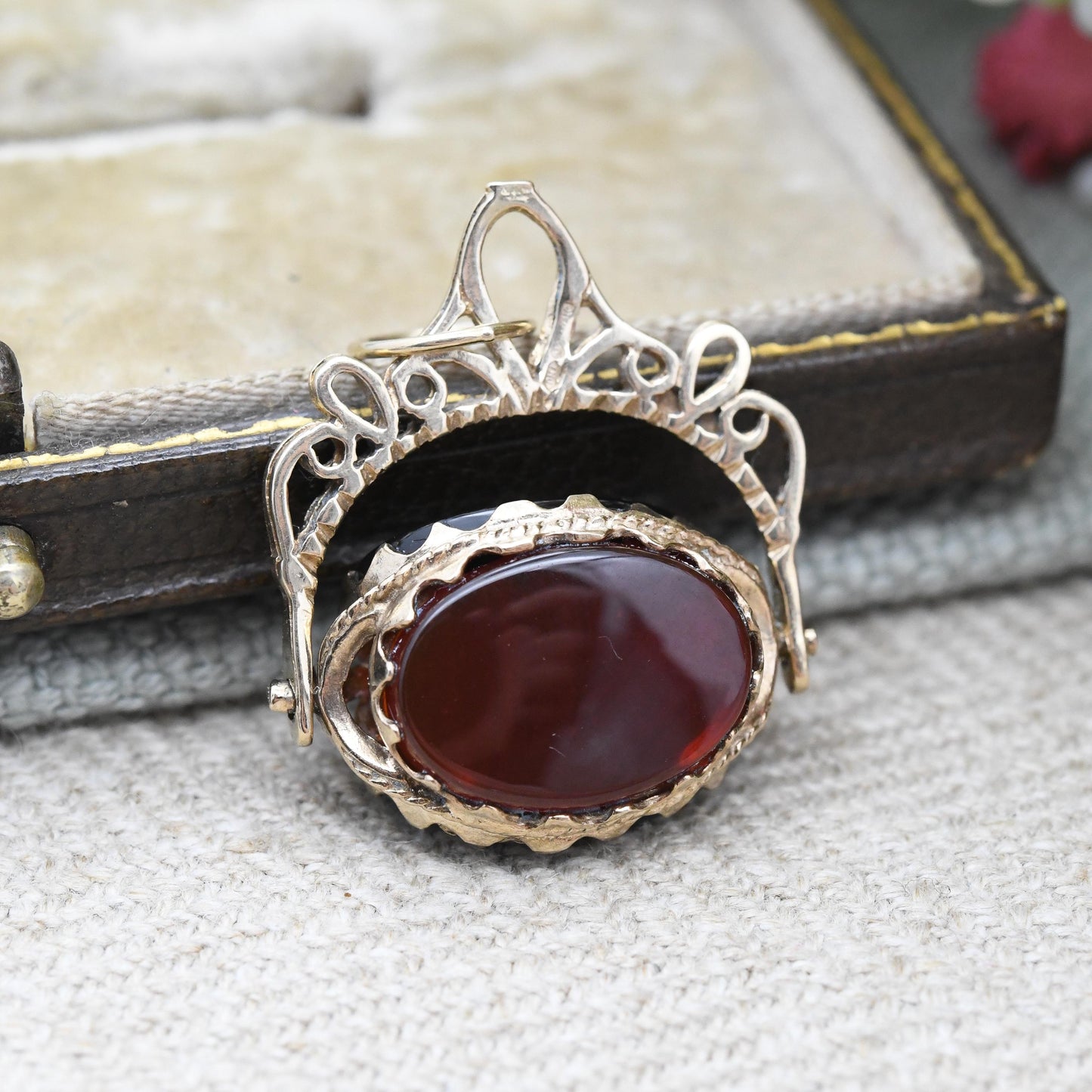 Vintage 9ct Gold Gemstone Spinner Fob Bloodstone Carnelian Onyx - Gemstone Watch Fob Pendant | Antique Style | Heliotrope Jasper