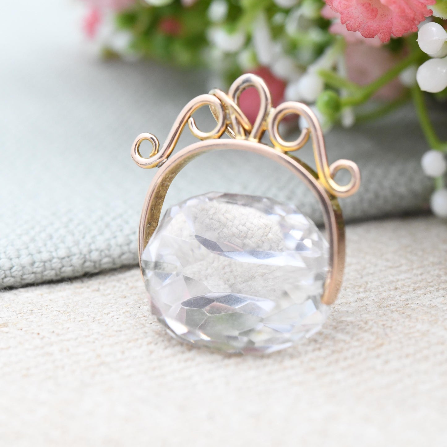 Antique 9ct Gold Spinner Fob with Large Clear Stone - Faceted Stone Watch Fob Pendant Ornate Scrolling Design Jewellery Large Charm Gift