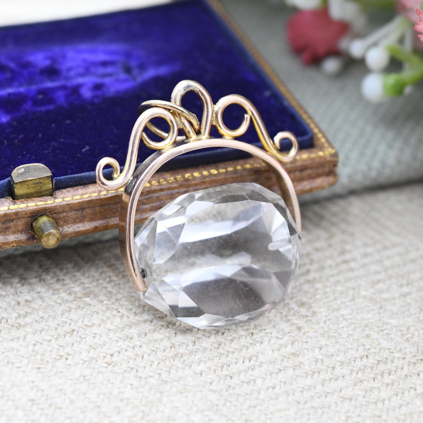 Antique 9ct Gold Spinner Fob with Large Clear Stone - Faceted Stone Watch Fob Pendant Ornate Scrolling Design Jewellery Large Charm Gift