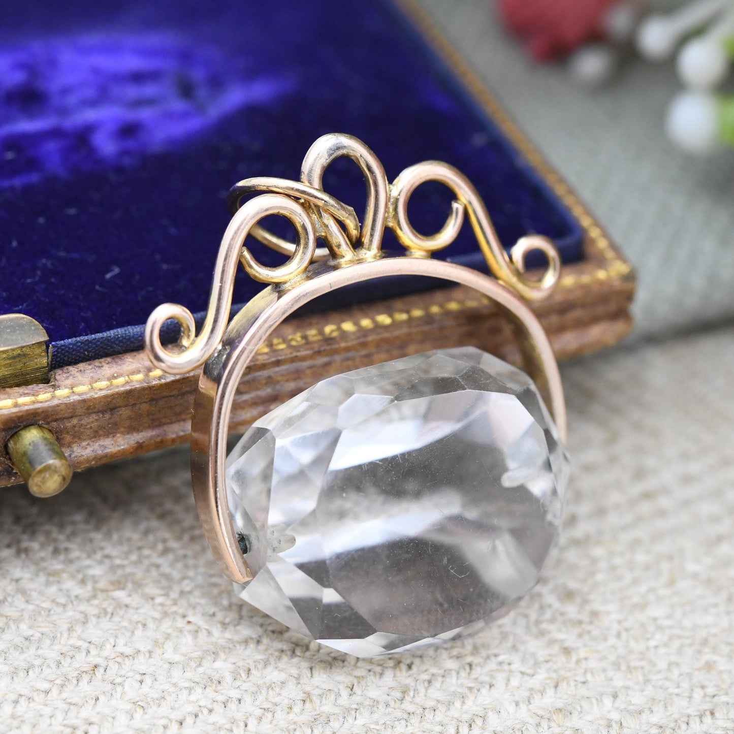 Antique 9ct Gold Spinner Fob with Large Clear Stone - Faceted Stone Watch Fob Pendant Ornate Scrolling Design Jewellery Large Charm Gift