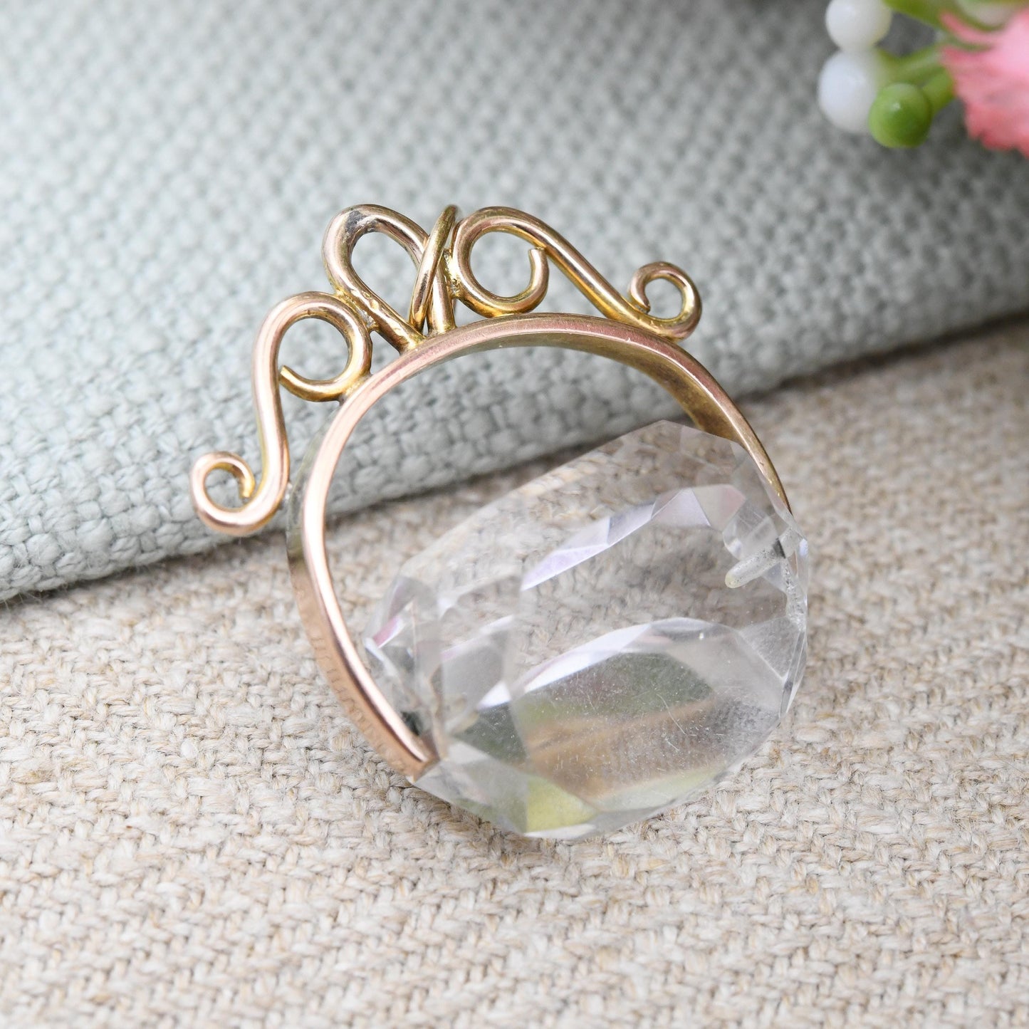 Antique 9ct Gold Spinner Fob with Large Clear Stone - Faceted Stone Watch Fob Pendant Ornate Scrolling Design Jewellery Large Charm Gift