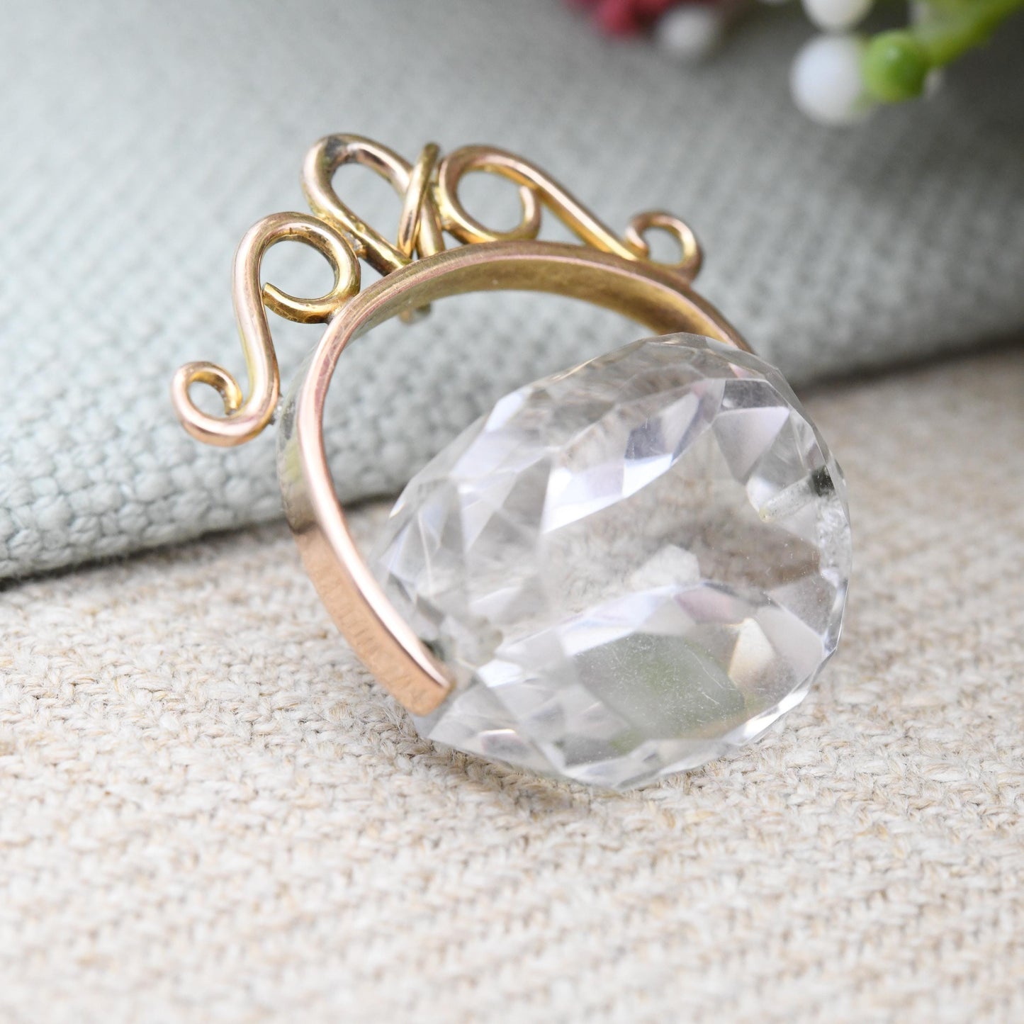 Antique 9ct Gold Spinner Fob with Large Clear Stone - Faceted Stone Watch Fob Pendant Ornate Scrolling Design Jewellery Large Charm Gift