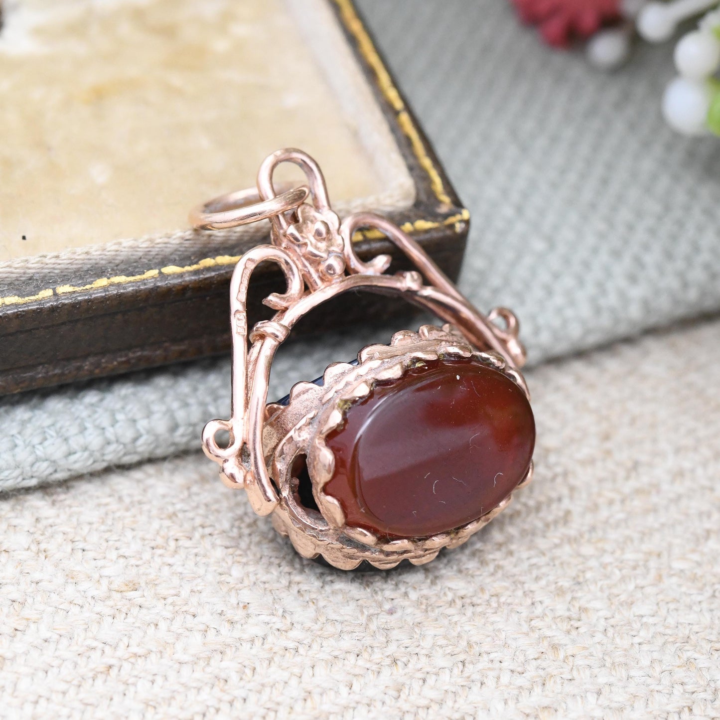 Vintage 9ct Rose Gold Spinner Fob 1992 Carnelian Onyx - Gemstone Watch Fob Pendant Antique Style Pretty Unusual Stone Flower Fob Charm