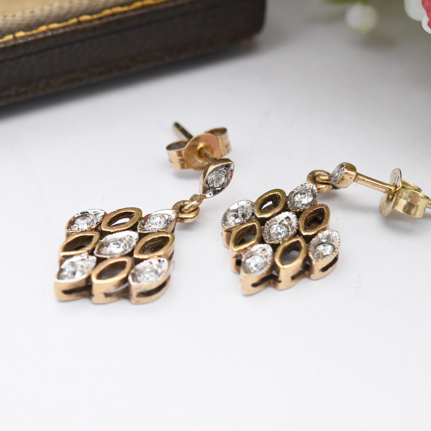 Vintage 9ct Gold Drop Earrings with Clear Stones - Diamond Shape Drops Solid Gold Dangling Studs | Butterfly Backs | Jewellery Gift for Her
