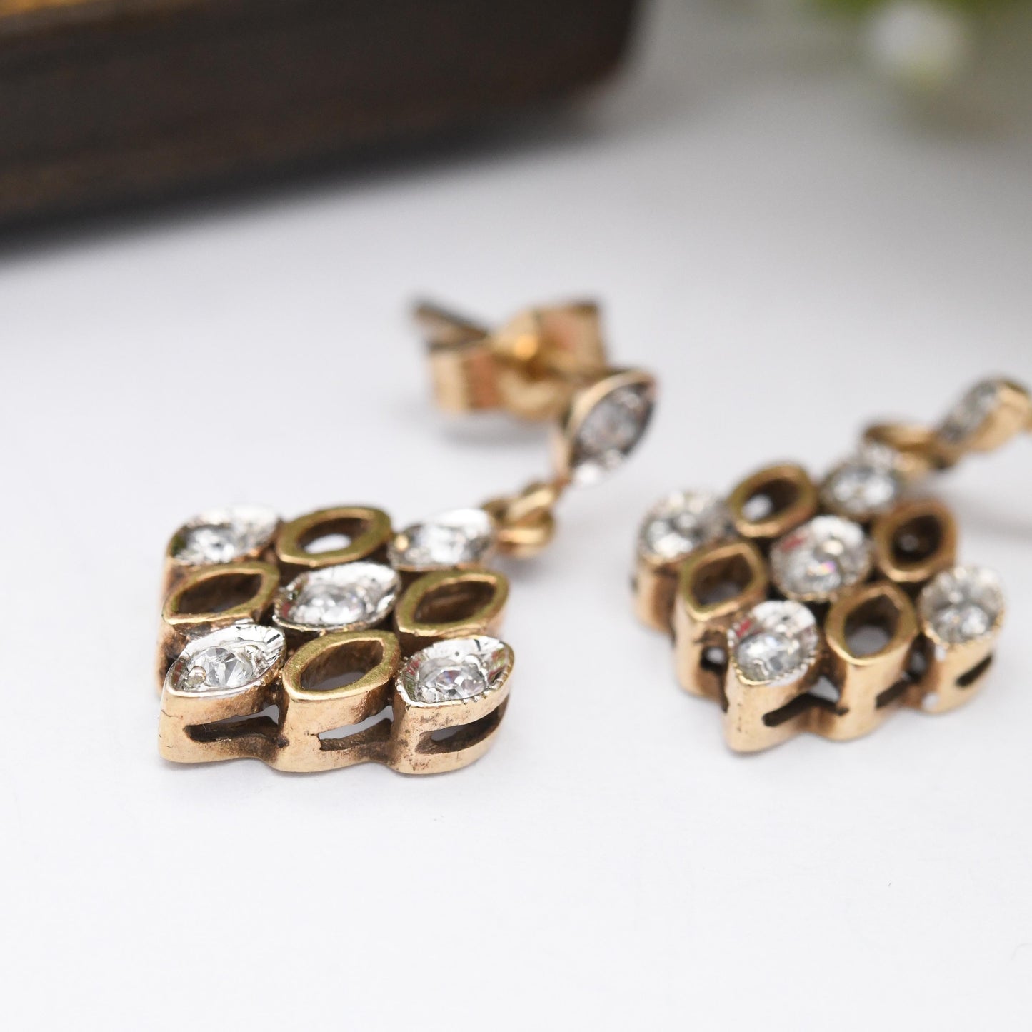 Vintage 9ct Gold Drop Earrings with Clear Stones - Diamond Shape Drops Solid Gold Dangling Studs | Butterfly Backs | Jewellery Gift for Her