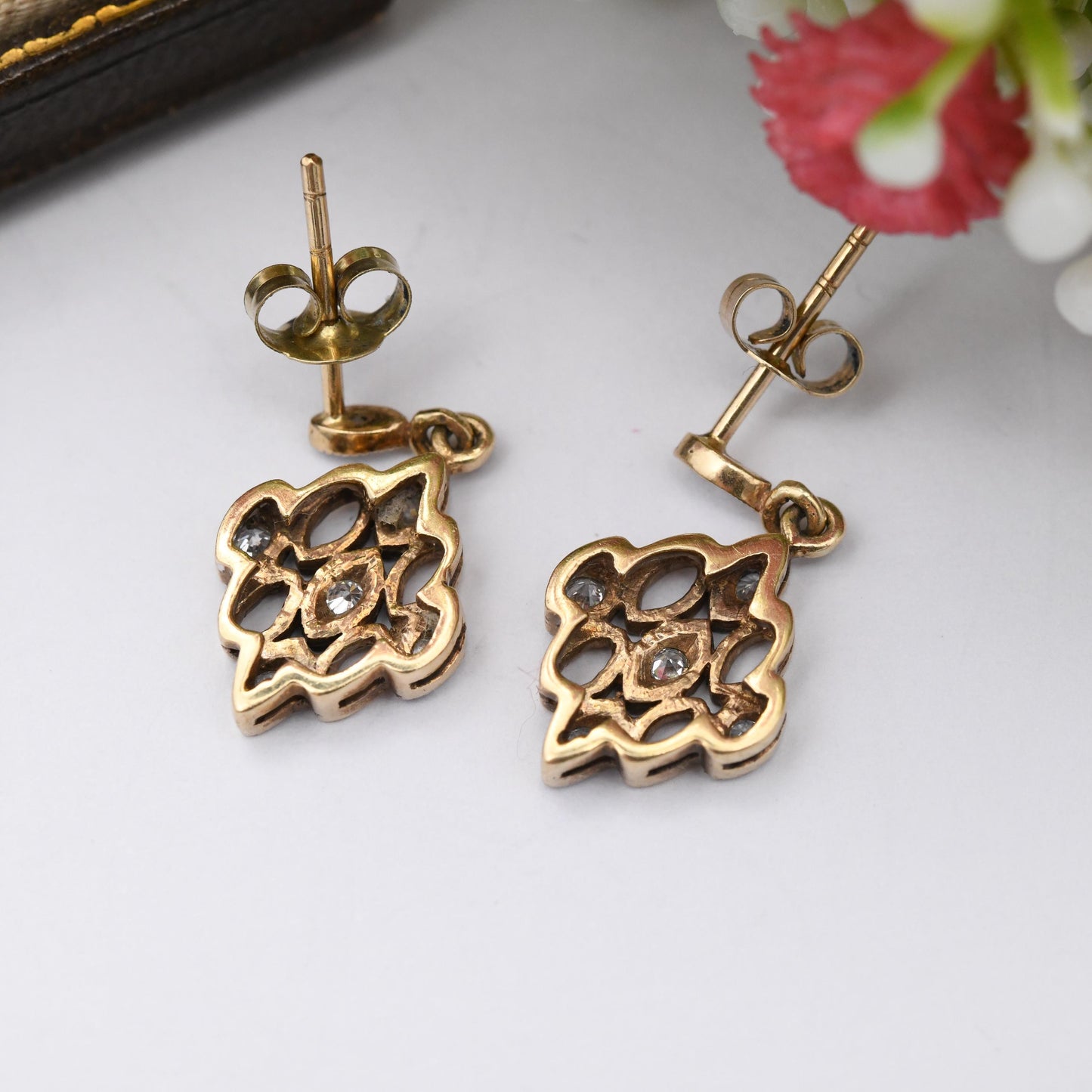 Vintage 9ct Gold Drop Earrings with Clear Stones - Diamond Shape Drops Solid Gold Dangling Studs | Butterfly Backs | Jewellery Gift for Her