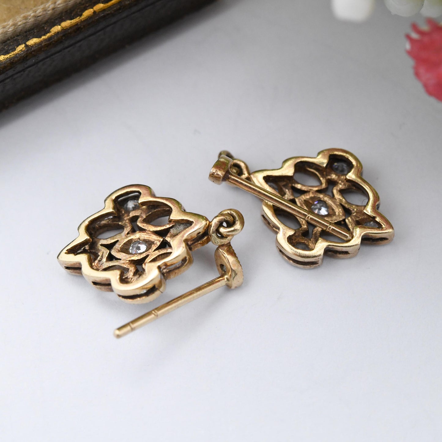 Vintage 9ct Gold Drop Earrings with Clear Stones - Diamond Shape Drops Solid Gold Dangling Studs | Butterfly Backs | Jewellery Gift for Her