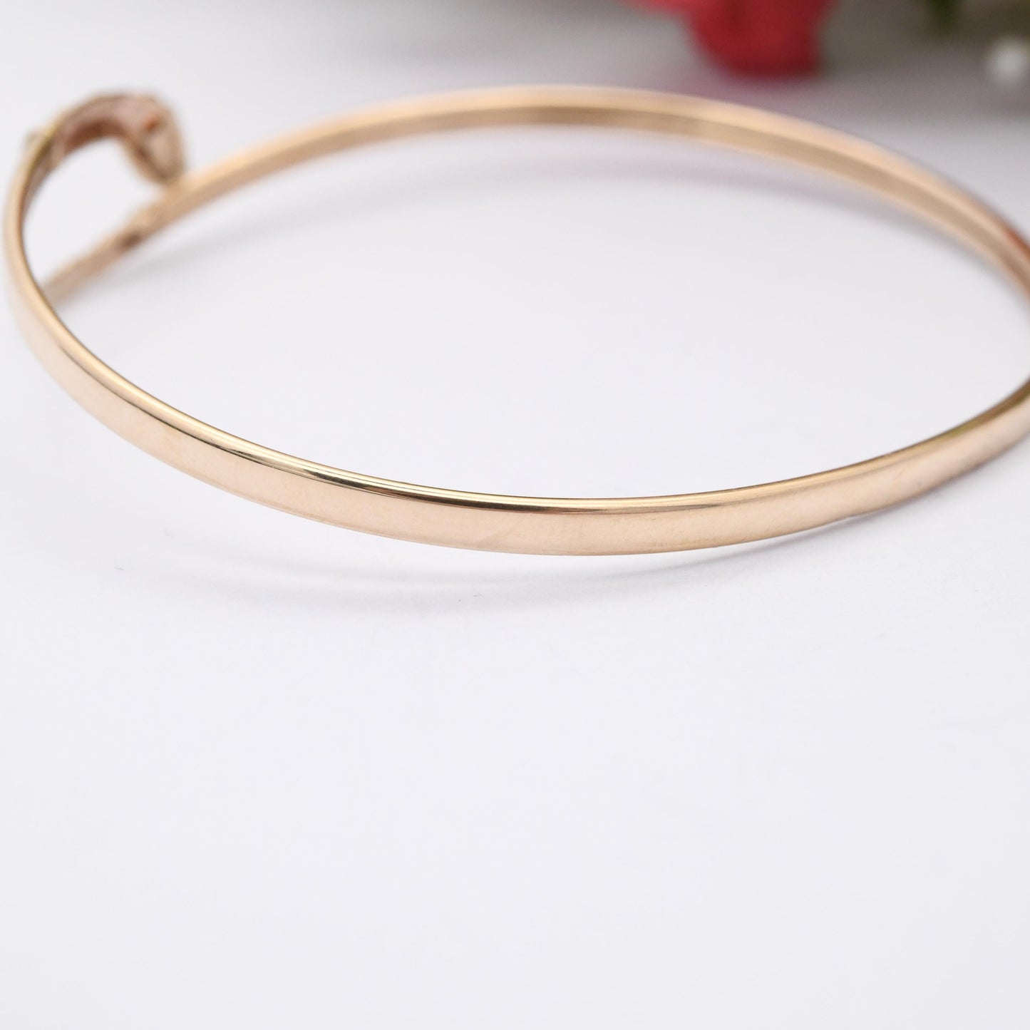 Vintage 9ct Gold Snake Bangle Bracelet with Garnet Eyes - Textured Detail Head and Tail | Serpent Ouroboros Jewellery | Open Adjustable Cuff