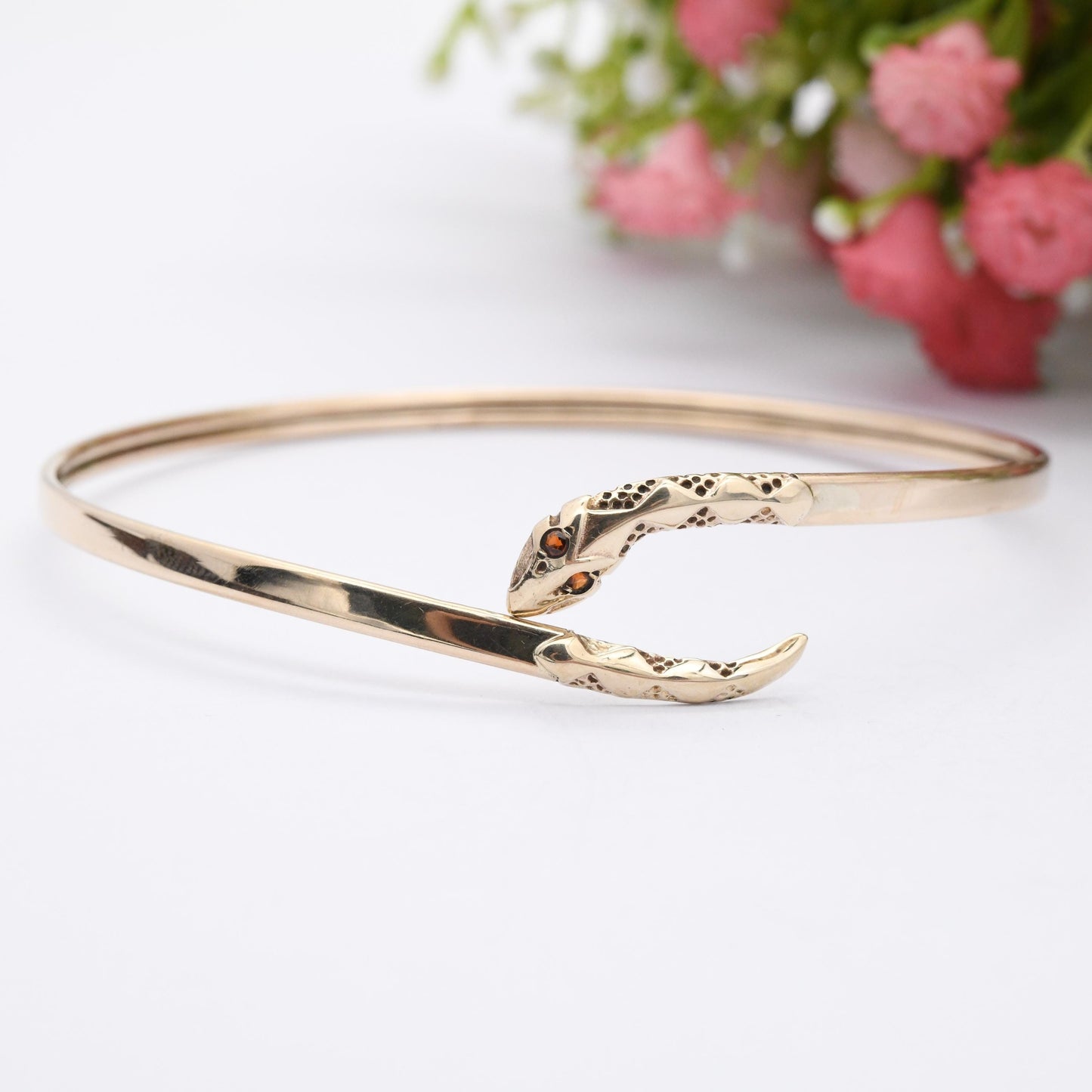 Vintage 9ct Gold Snake Bangle Bracelet with Garnet Eyes - Textured Detail Head and Tail | Serpent Ouroboros Jewellery | Open Adjustable Cuff