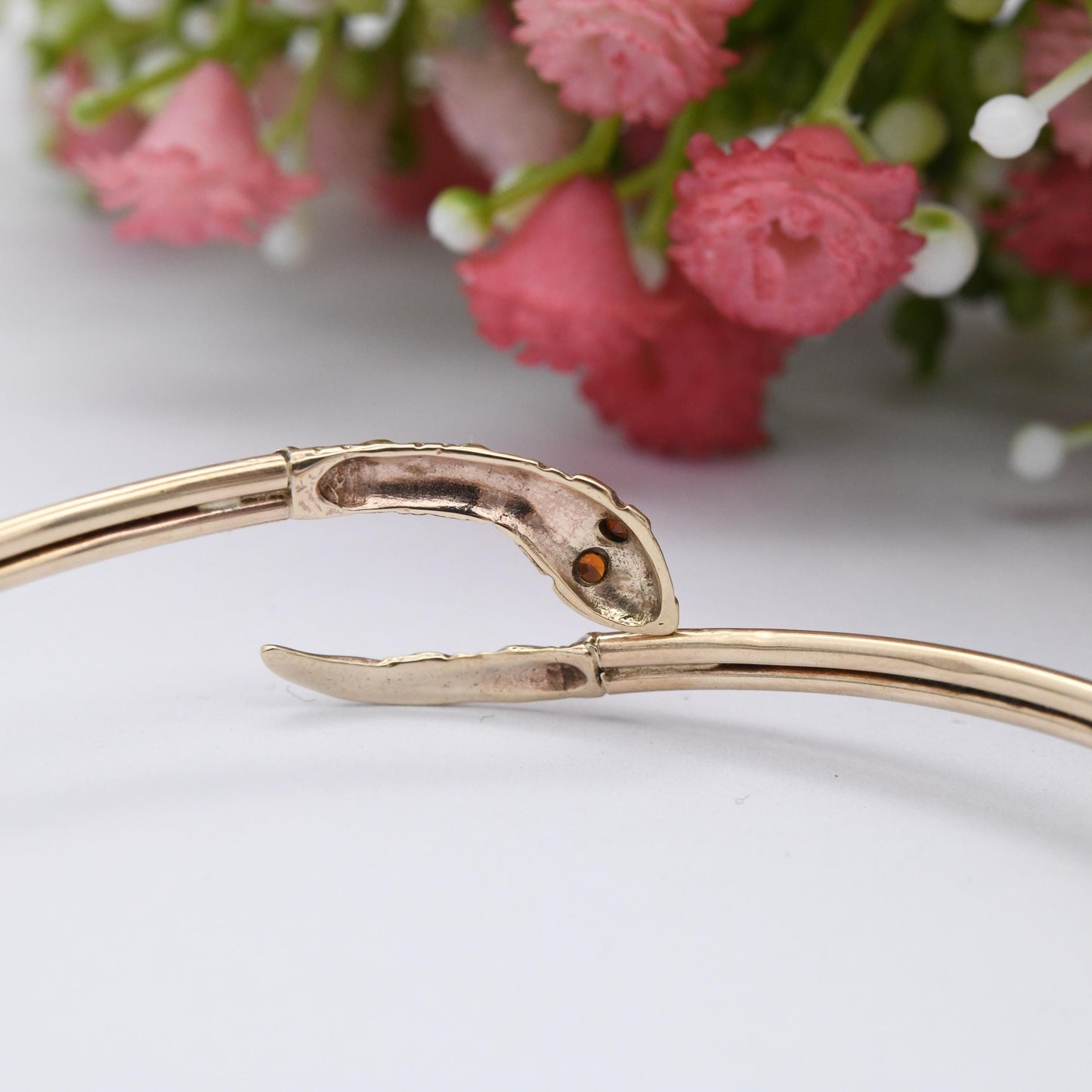 Vintage 9ct Gold Snake Bangle Bracelet with Garnet Eyes - Textured Detail Head and Tail | Serpent Ouroboros Jewellery | Open Adjustable Cuff