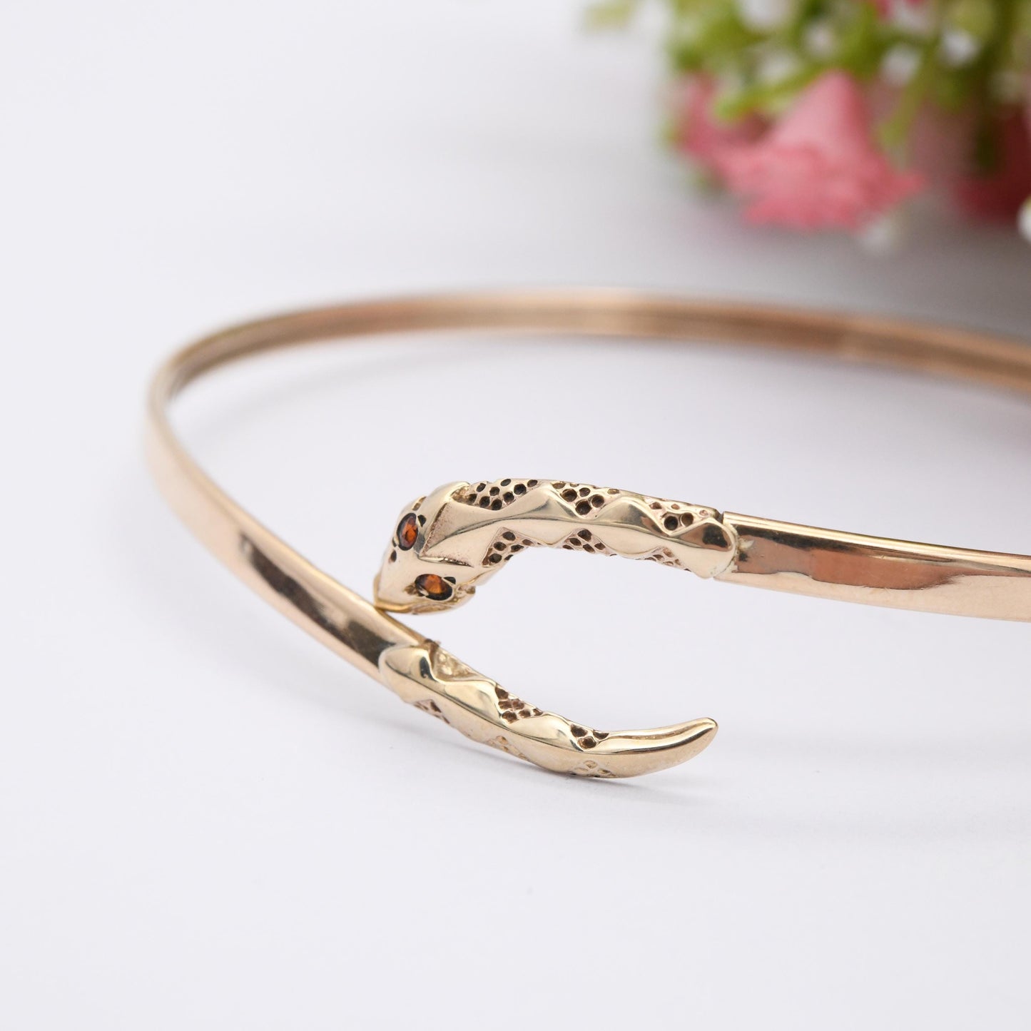Vintage 9ct Gold Snake Bangle Bracelet with Garnet Eyes - Textured Detail Head and Tail | Serpent Ouroboros Jewellery | Open Adjustable Cuff