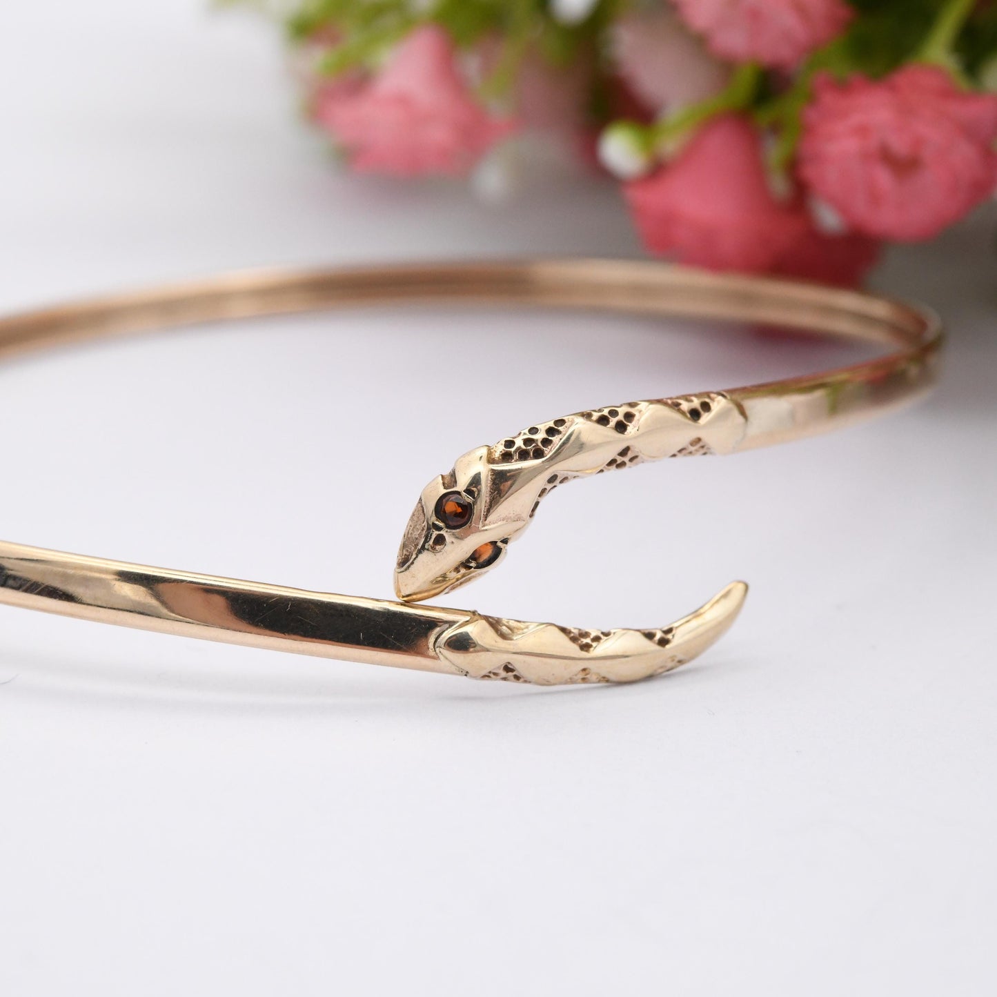 Vintage 9ct Gold Snake Bangle Bracelet with Garnet Eyes - Textured Detail Head and Tail | Serpent Ouroboros Jewellery | Open Adjustable Cuff