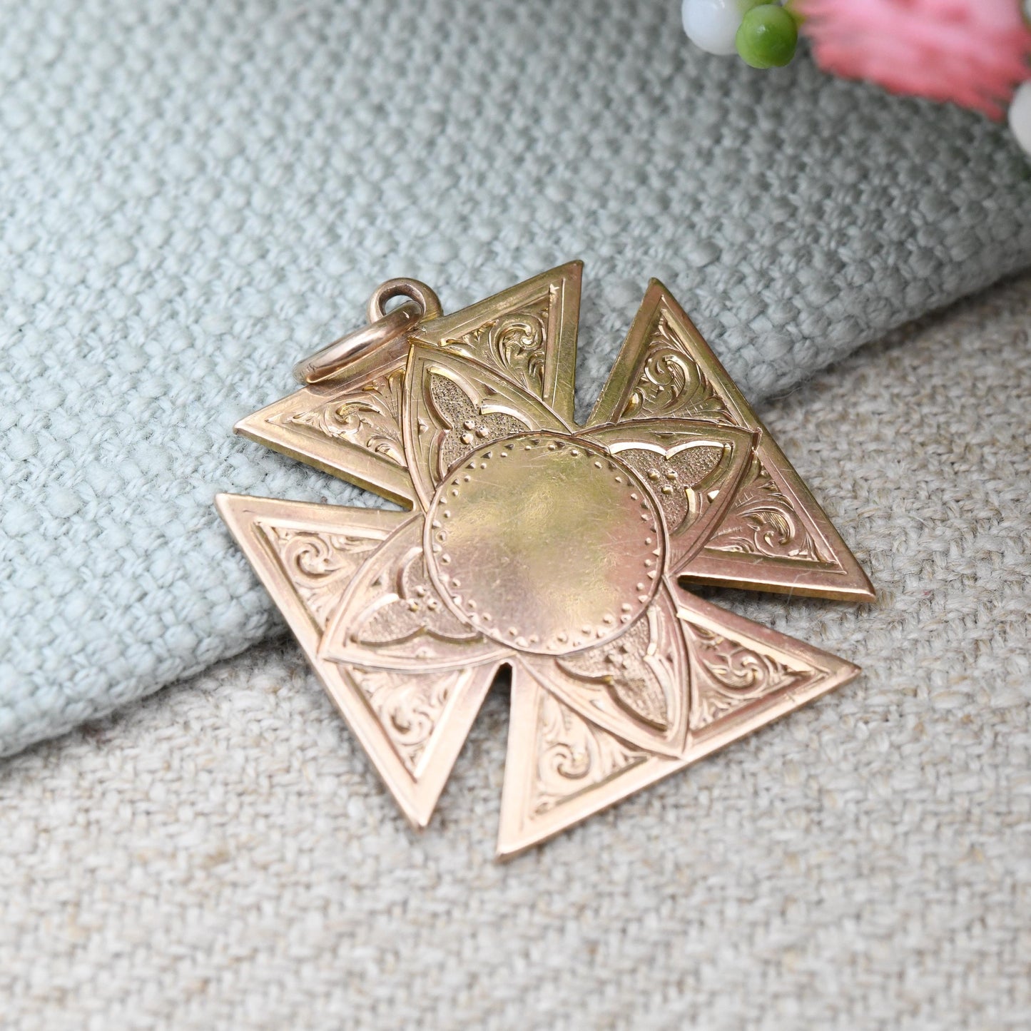 Antique 9ct Gold Square Cross Fob 1918 Scrolling Engraved - Solid Gold Maltese Cross Watch Fob Pendant | Blank for Engraving | Rose Gold